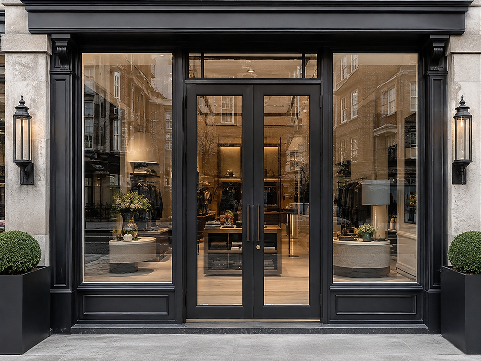 Premium double steel shopfront entrance doors with glazed panels and a traditional black surround.