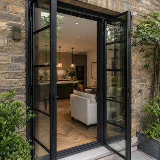 Black external steel French doors opening from a home onto the garden