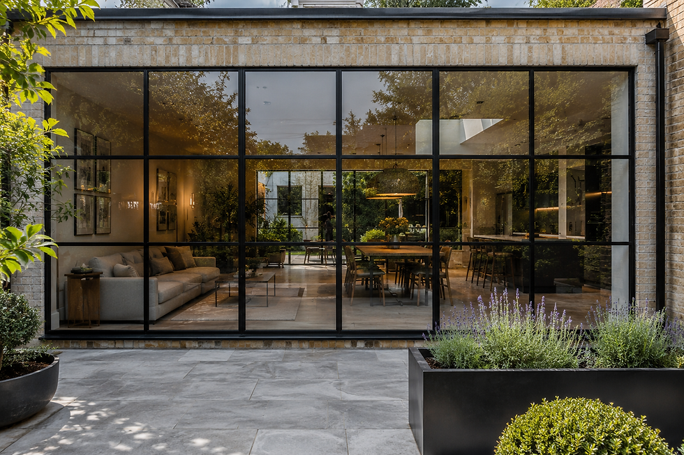 black steel windows with slim glazing bars across a luxury garden extension.