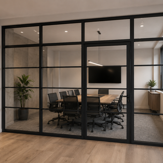 Industrial-style black steel-framed glass partition with a glazed door separating a modern dining room and kitchen.