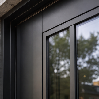 Close-up of slim black steel door profiles, glazing bars and sealed glass panels.