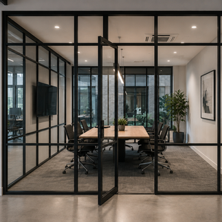 Modern office meeting room enclosed by a bespoke black steel-framed clear glass partition with an open hinged door.