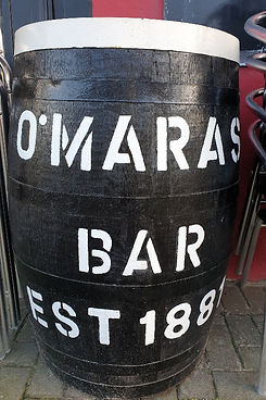 Beer barrel with O'Maras Bar logo
