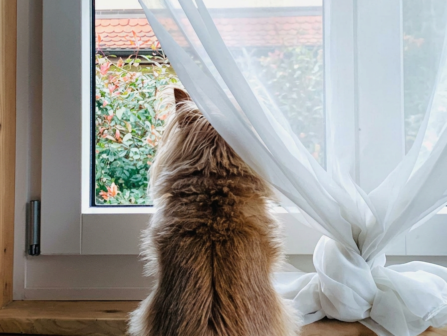 Hund Stui schaut aus dem Fenster