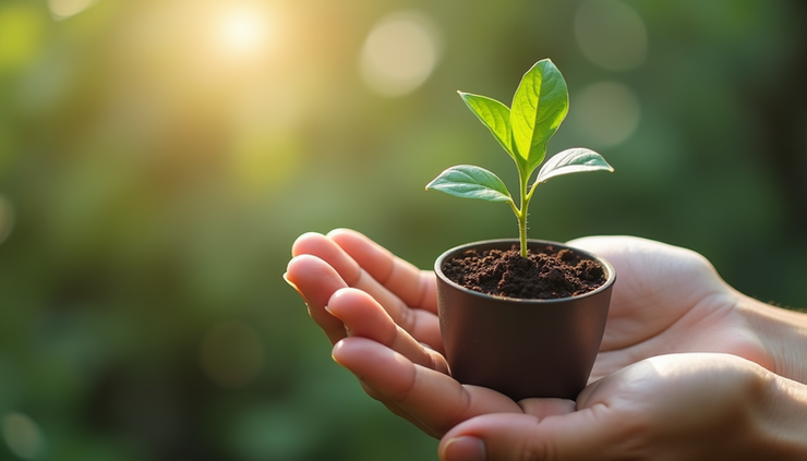 Vue rapprochée d'une main tenant une petite plante en pot, symbolisant la croissance intérieure