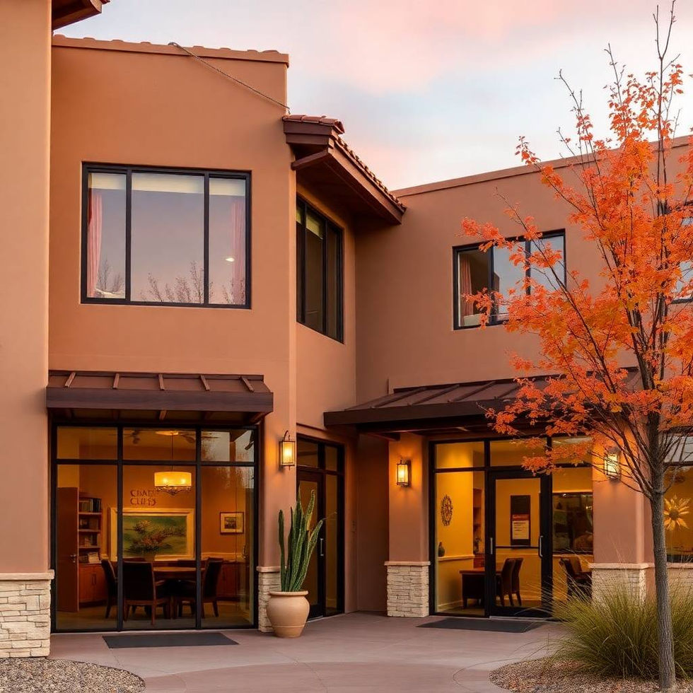 Warm autumnal tones in an architectural photograph of cozy and earthy medical and dental offices in Arizona, showing clean lines, refined features, detailed structures, and a wide-angle perspective