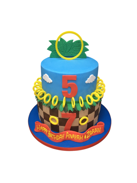 Bespoke Sonic-themed celebration cake with blue icing and number toppers in Solihull, West Midlands.