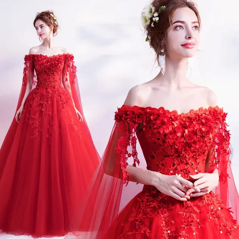 Long Wrap Red of Shoulder Lady Girl Women Prom Dress Party Evening Dress