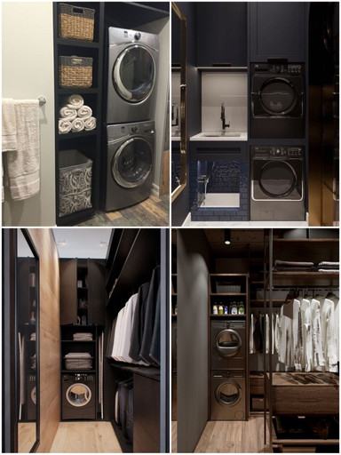 A storage stand mounted on the wall (these often incorporate the iron as well).
A storage stand mounted inside a cupboard door. This is a nice option because it hides everything away. It means that the inside of the cupboard has to be designed to make sure that there is adequate space between the door and the cupboard shelves to accommodate the ironing board. Otherwise you’ll have a cupboard door that won’t close. Obviously the door needs to be able to take the weight of the ironing board to check that before you wreck the hinges.
A tall gap in the cabinetry can be an elegant and inexpensive solution.
Or you could think about a pull out ironing cabinet – wither a drawer or a pull down.