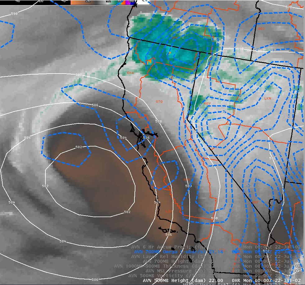 Around shift change to night at NOAA Sacramento, GOES water vapor imagery showed plentiful mid-level moisture north of Lake Tahoe, while the GFS depicted two impulses of upward motion rotating around a weak closed low off the Central California coast.