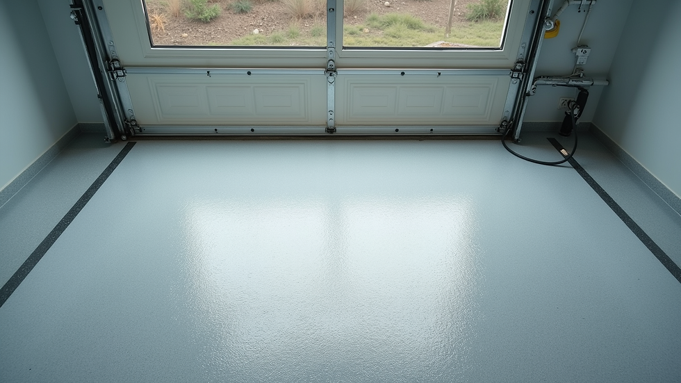 High angle view of a garage floor being coated with polyaspartic material