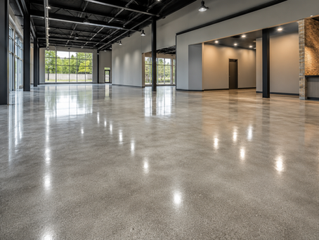 Commercial concrete polishing in a modern business facility with high-gloss concrete floors