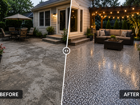 Before and after patio coating transformation for a residential backyard in Cincinnati