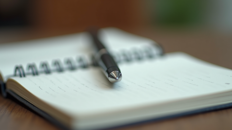 Close-up view of a personalised pen resting on an open notebook