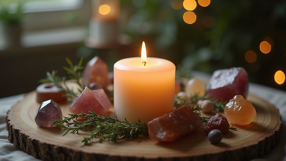 Close-up view of a candle surrounded by herbs and crystals
