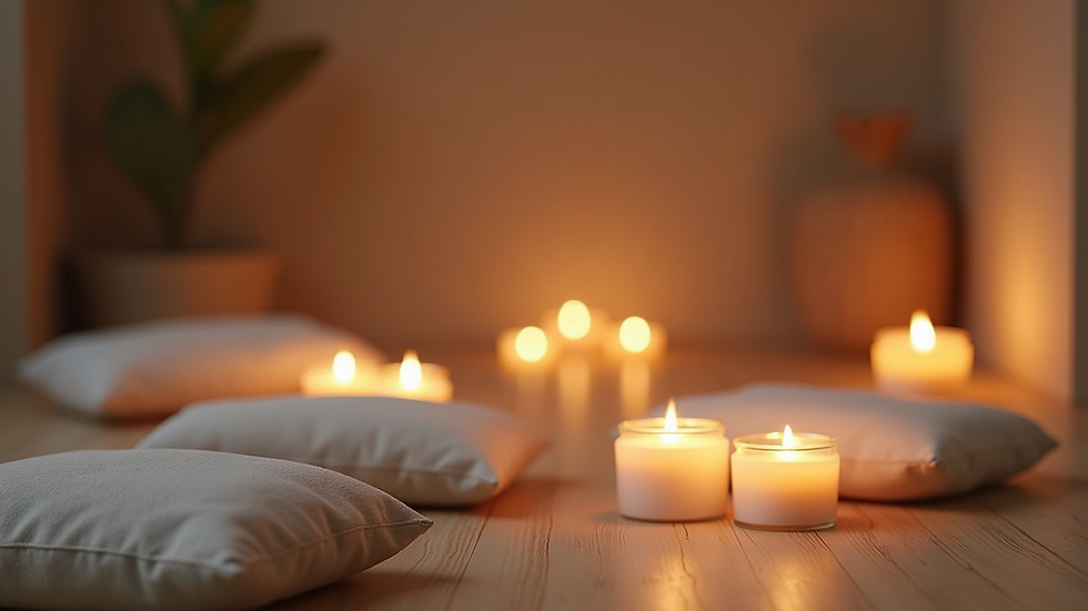 Close-up view of a serene meditation space with candles and soft cushions
