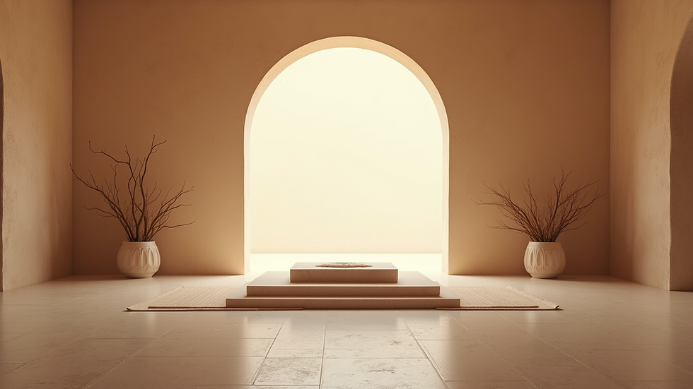 Eye-level view of a serene meditation room with soft lighting