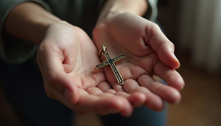 Close-up of a hand holding a cross pendant against a soft background symbolizing faith and forgiveness