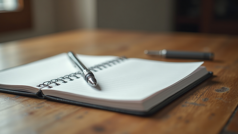 Close-up view of a journal with notes and a pen on a wooden table