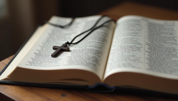 Close-up view of a Bible open on a wooden table with a cross necklace beside it