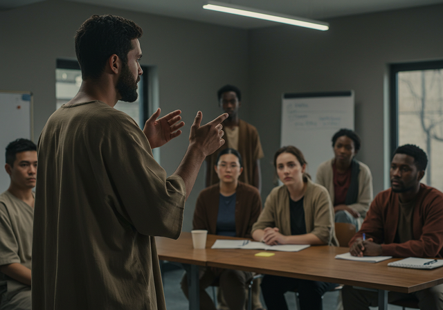 Teacher figure in simple tunic leading a discussion with a diverse group seated attentively around a table in a modern meeting room setting.