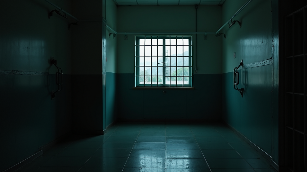 Eye-level view of an empty prison cell