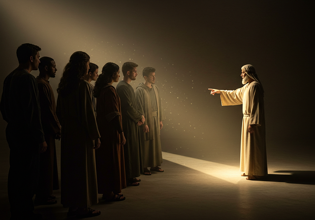 Biblical prophet figure in white robes pointing instructively towards a group of disciples standing attentively in dramatic spotlight against a dark background.