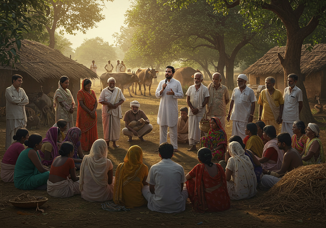 Evangelist in white traditional attire speaking to a diverse group of attentive Indian villagers gathered outdoors in a rural setting with huts and cows.