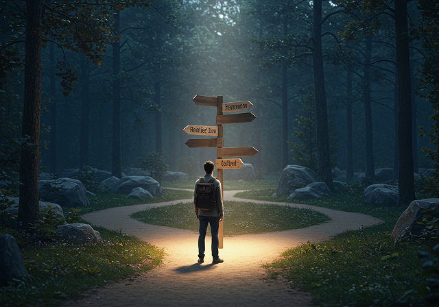 Woman with red curly hair thinking and writing at desk with lamp, reflecting on personal identity for the Discovering Self course provided by Jivel Tousand.