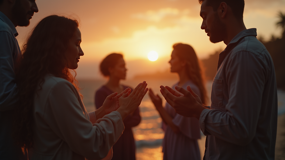Eye-level view of a group of people praying together