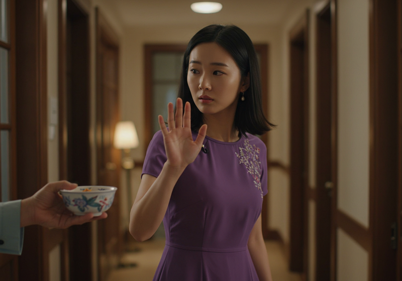 East Asian woman in a purple dress holding up her hand to politely refuse a bowl of food being offered to her in a hallway setting.