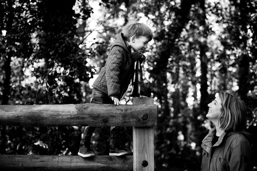 Boy on top of a fence looking at his mother the garden at Malahide Castle, Dublin
