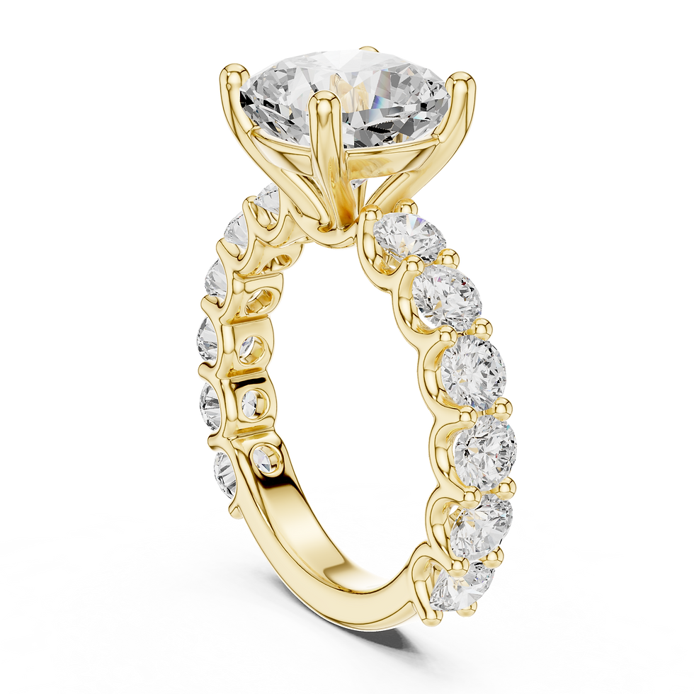 Thumbnail: Three-quarter angle view of Aurelia Cushion engagement ring in yellow gold, highlighting the French pavé shank