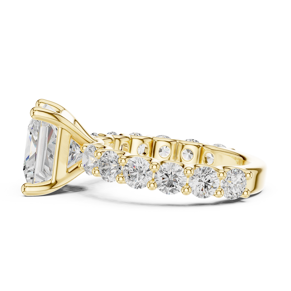 Thumbnail: Side profile of Aurelia Princess yellow gold engagement ring showing the 4-prong setting and pavé band