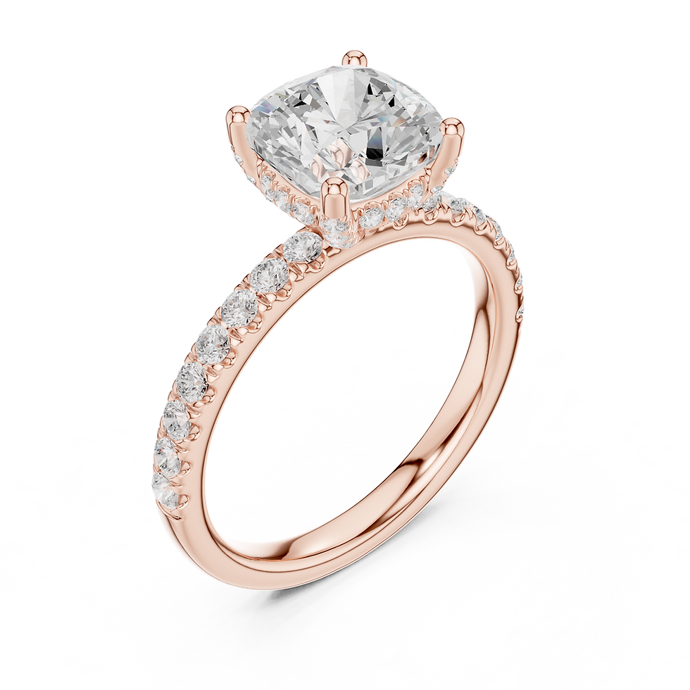 Thumbnail: Top angle view of Aria Cushion diamond ring in rose gold showing cushion cut diamond and pavé band detail
