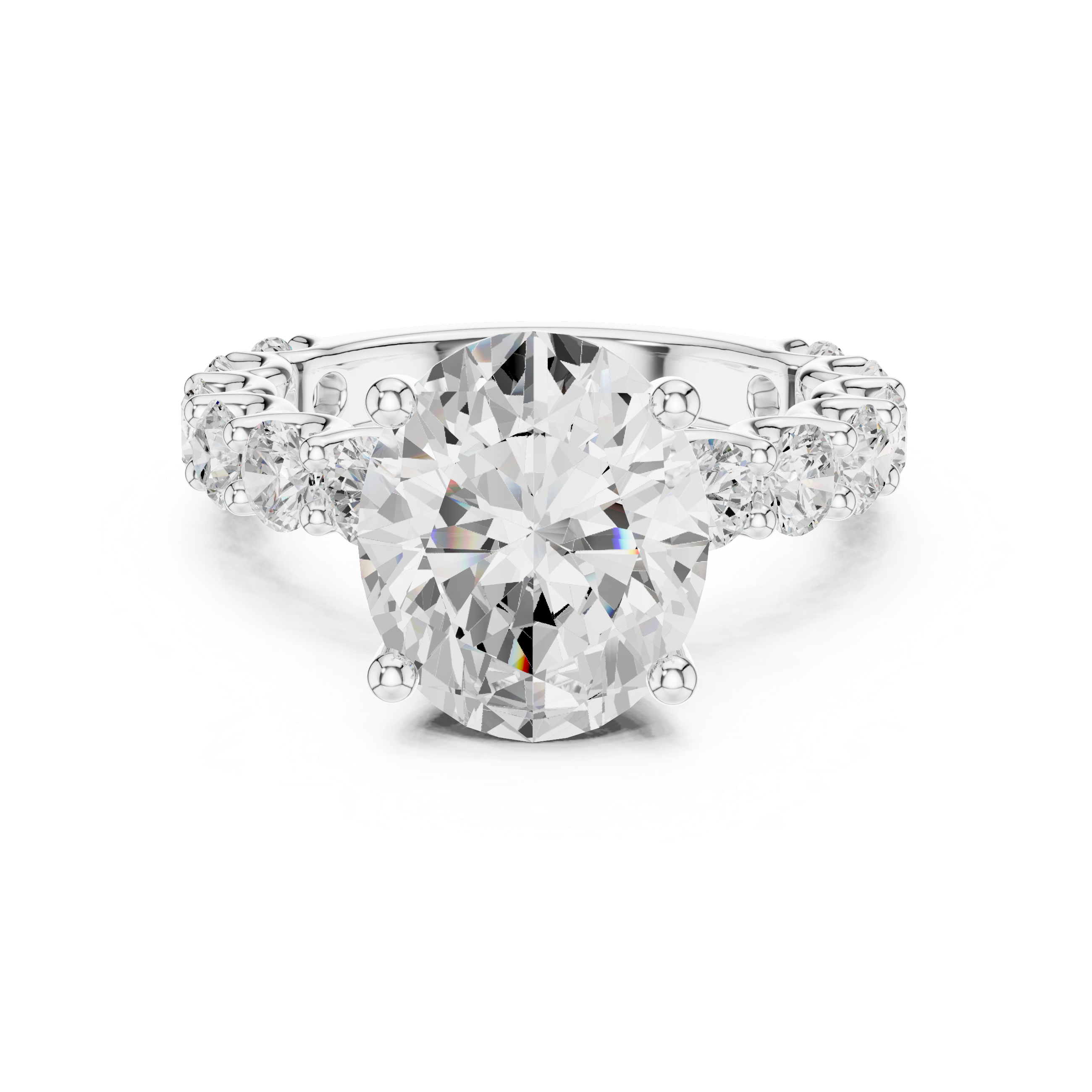 Aurelia Oval engagement ring in white gold, front-facing view of the 4.00 CT oval diamond and French pavé band