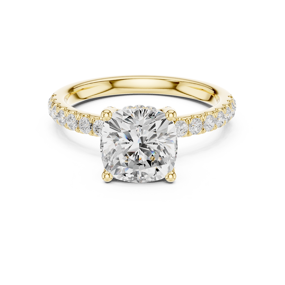 Thumbnail: Front view of Aria Cushion engagement ring in yellow gold featuring 2 carat cushion cut diamond and hidden halo setting