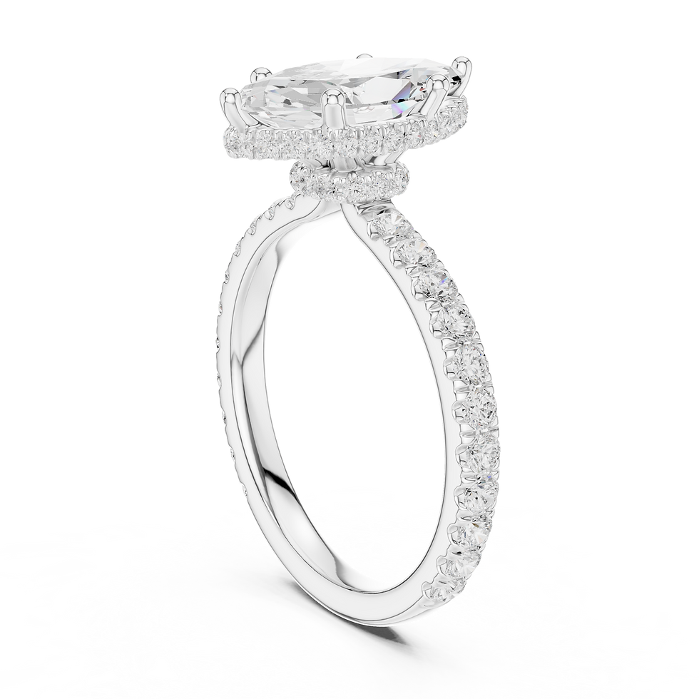 Thumbnail: Three-quarter angle of white gold Lyra marquise engagement ring with double hidden halo setting.