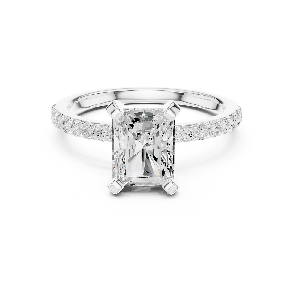 Reina Radiant engagement ring in white gold with open gallery and pavé band