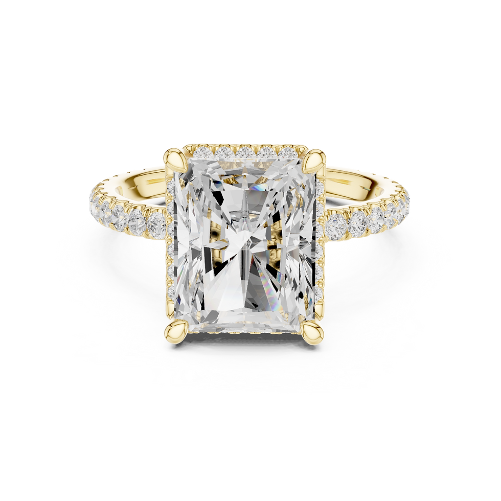Thumbnail: Yellow gold Aurora radiant engagement ring with pavé prongs, hidden halo, and pavé band, front view.