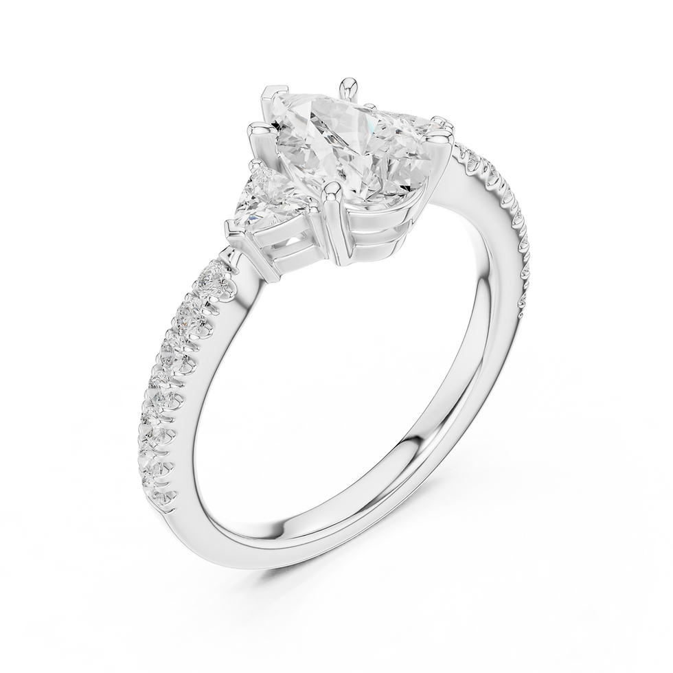 Three-quarter angle of Constance Pear three-stone ring in 14K white gold with open basket setting and pavé band.