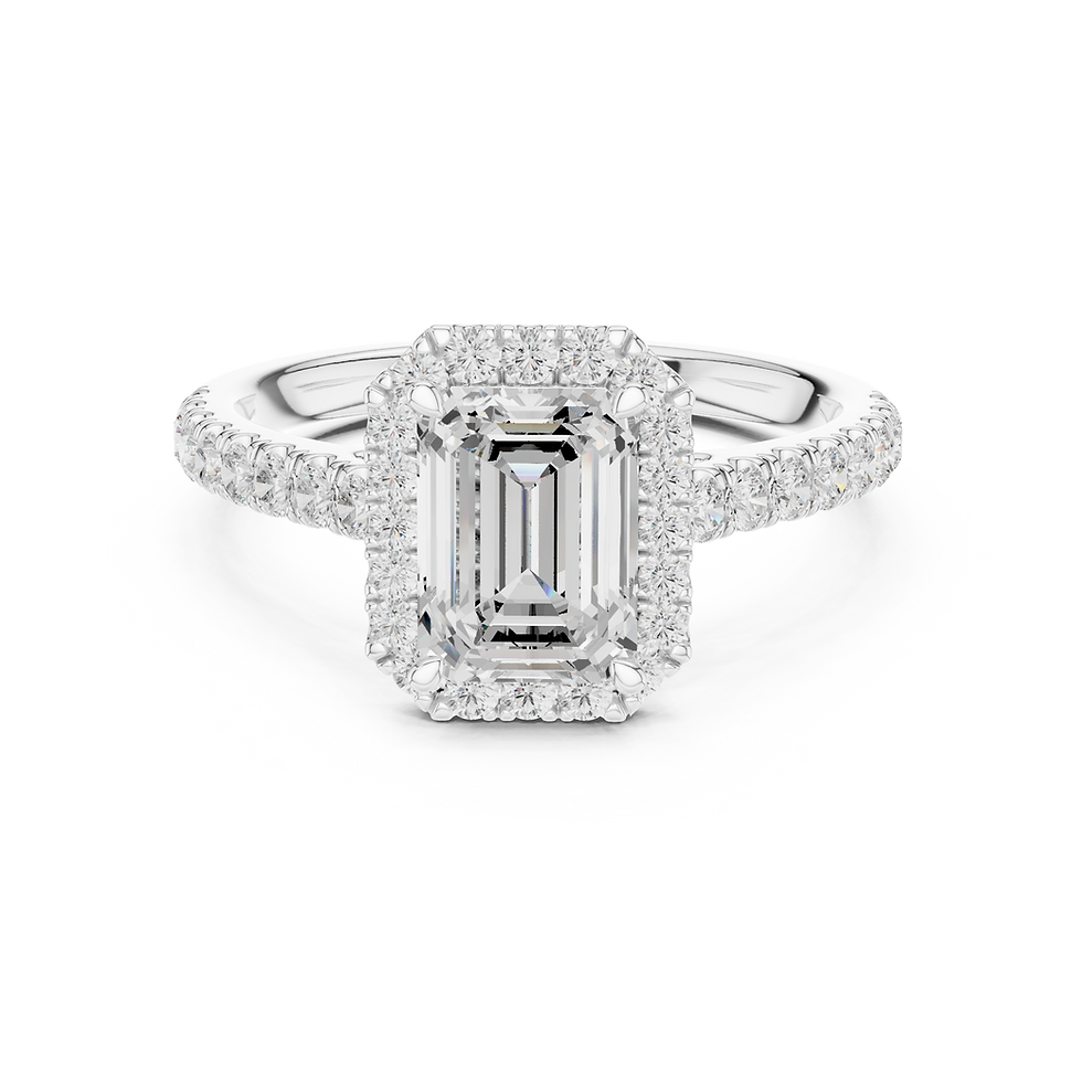Laurel Emerald engagement ring in white gold, front-facing halo view