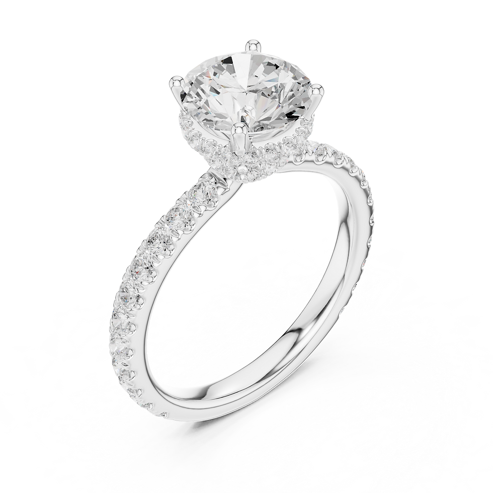 Top-down view of white gold Lyra round engagement ring highlighting the round brilliant diamond and pavé band.