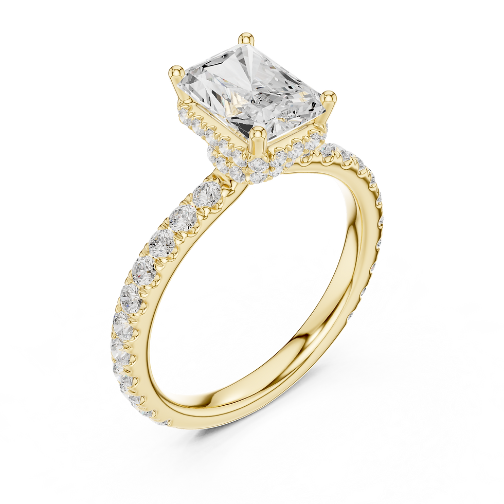 Thumbnail: Top-down view of yellow gold Lyra radiant cut engagement ring highlighting the radiant cut diamond and pavé band.