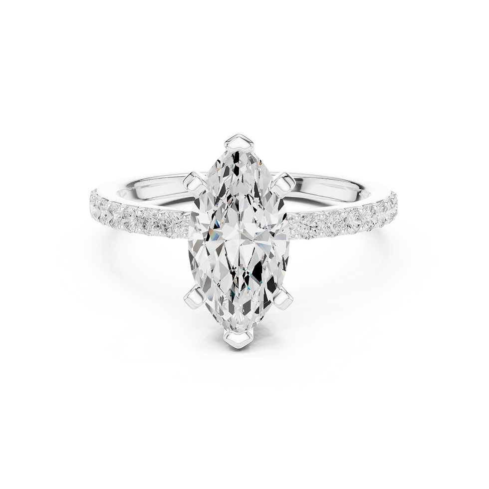 Reina Marquise engagement ring in white gold with open gallery and pavé band