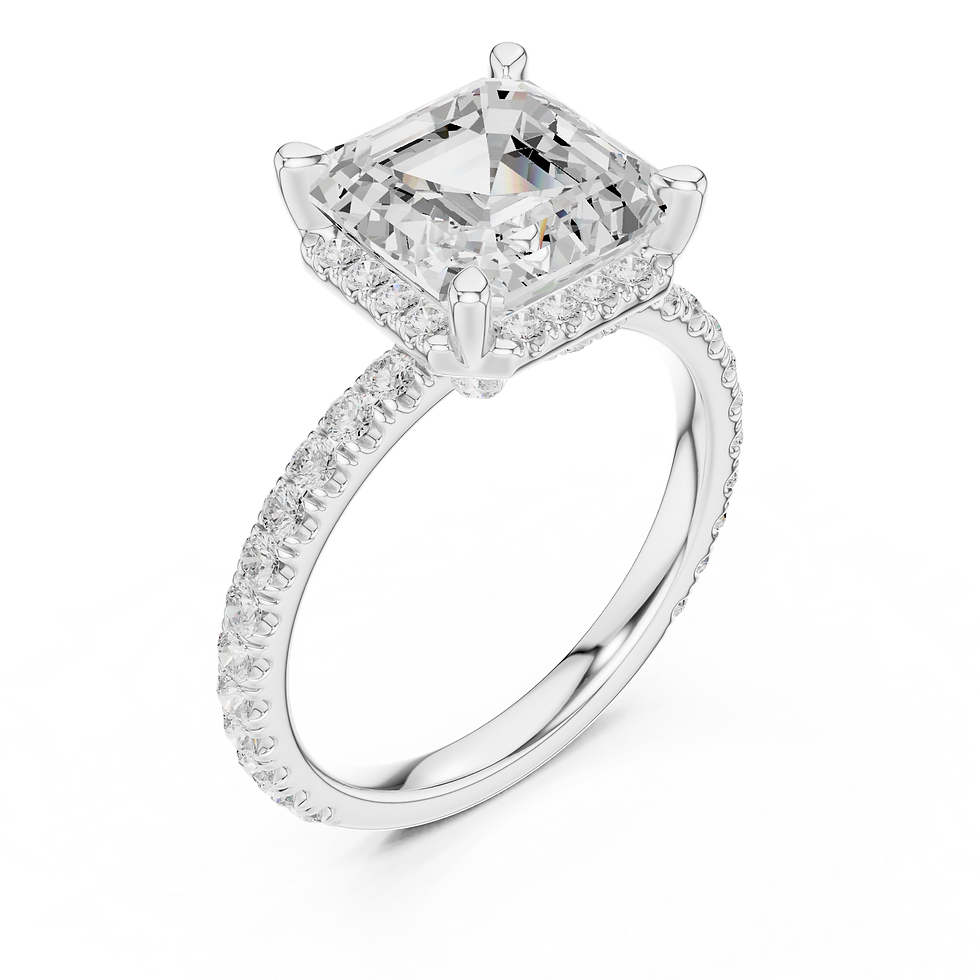 White gold Aurora Asscher engagement ring viewed from above, showing the Asscher-cut center stone and pavé band.