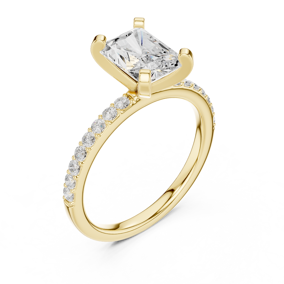 Thumbnail: Three-quarter view of Reina Radiant engagement ring in yellow gold with pavé band