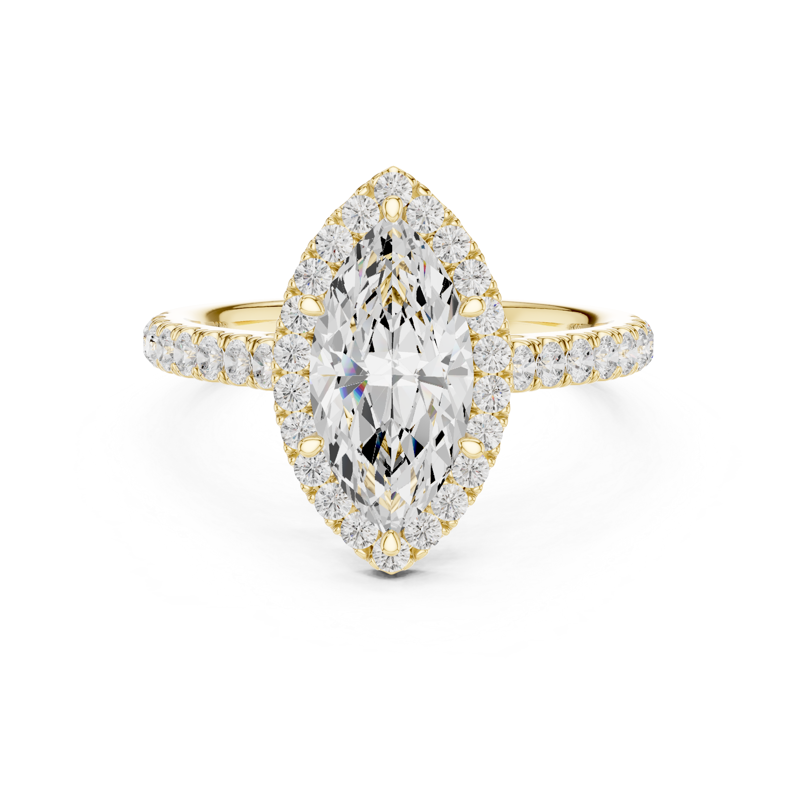 Laurel Marquise engagement ring in yellow gold, front-facing halo view