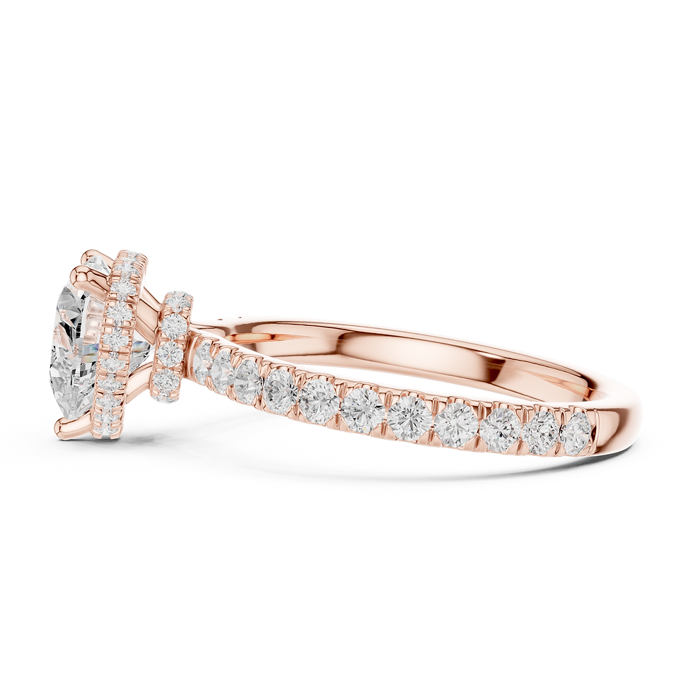 Thumbnail: Side profile of rose gold Lyra heart cut engagement ring showcasing the double hidden halo and open gallery.