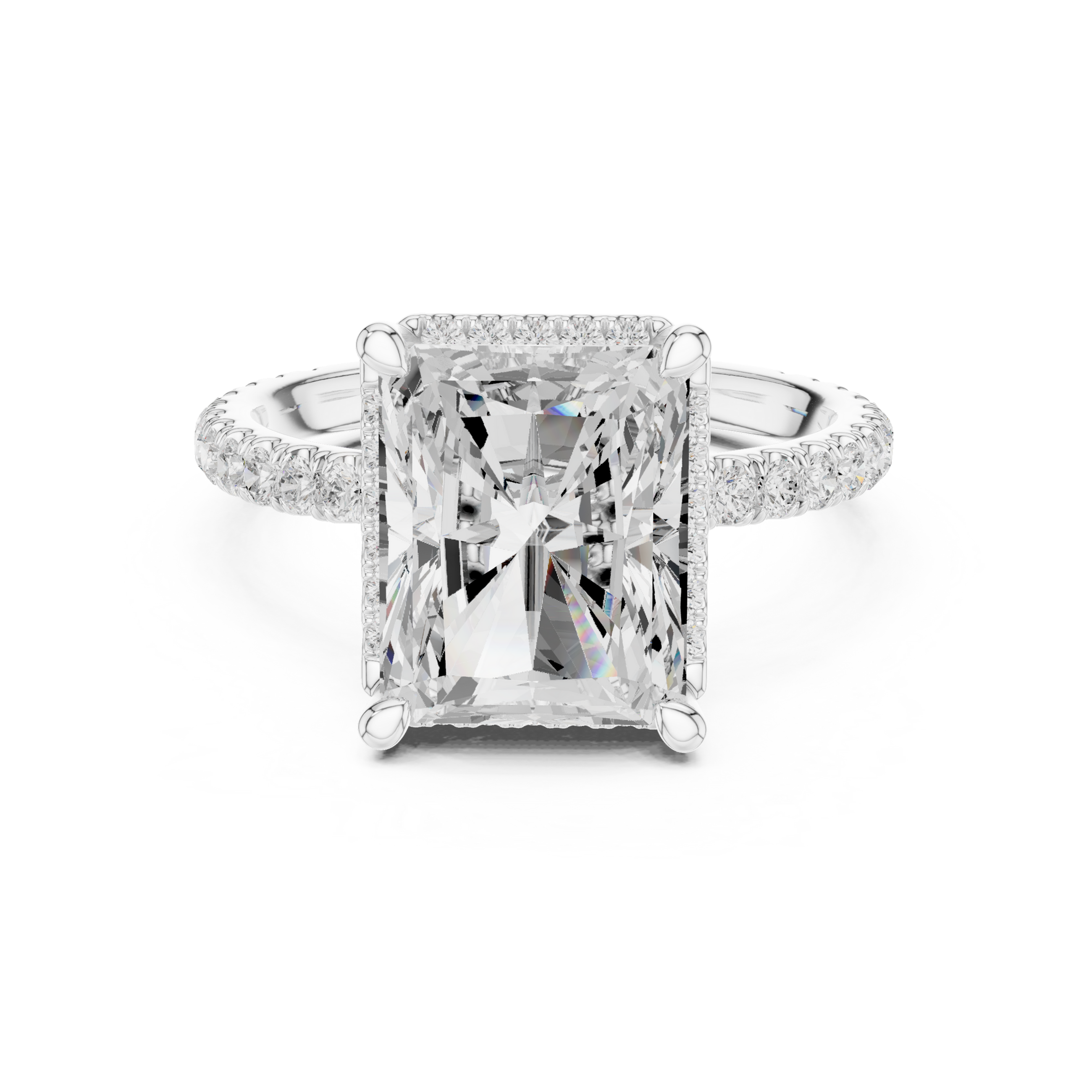 White gold Aurora radiant engagement ring with pavé prongs, hidden halo, and pavé band, front view.
